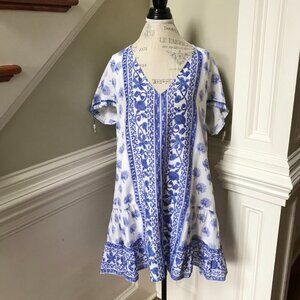 NWOT Bell Caftan Popover Dress Womens Small Blue White VNeck Tassels Cotton Silk
